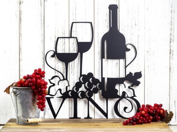 49 Creative Wine Themed Decor Ideas - Red Wine Bottle Metal Wall Art Plaque