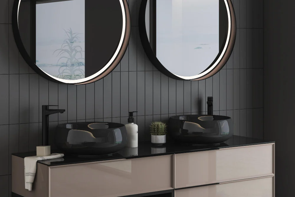 Black Vanity With Patterned Tile Backsplash