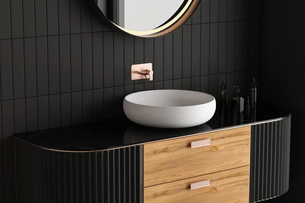 Mixed Materials Black Vanity With Wood Accents