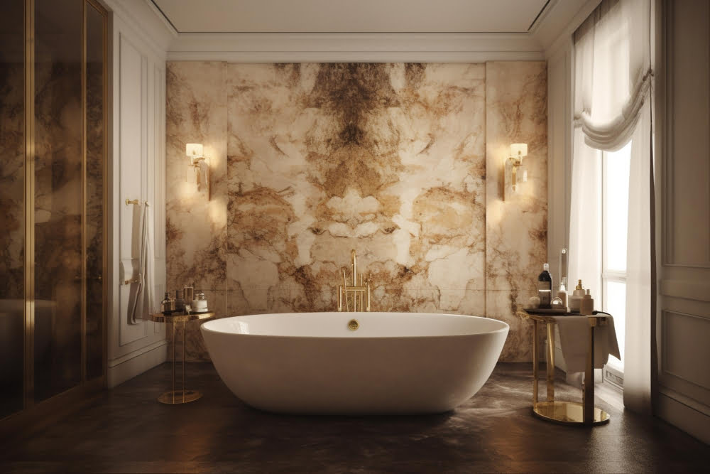 White and Gold Wallpaper bathroom