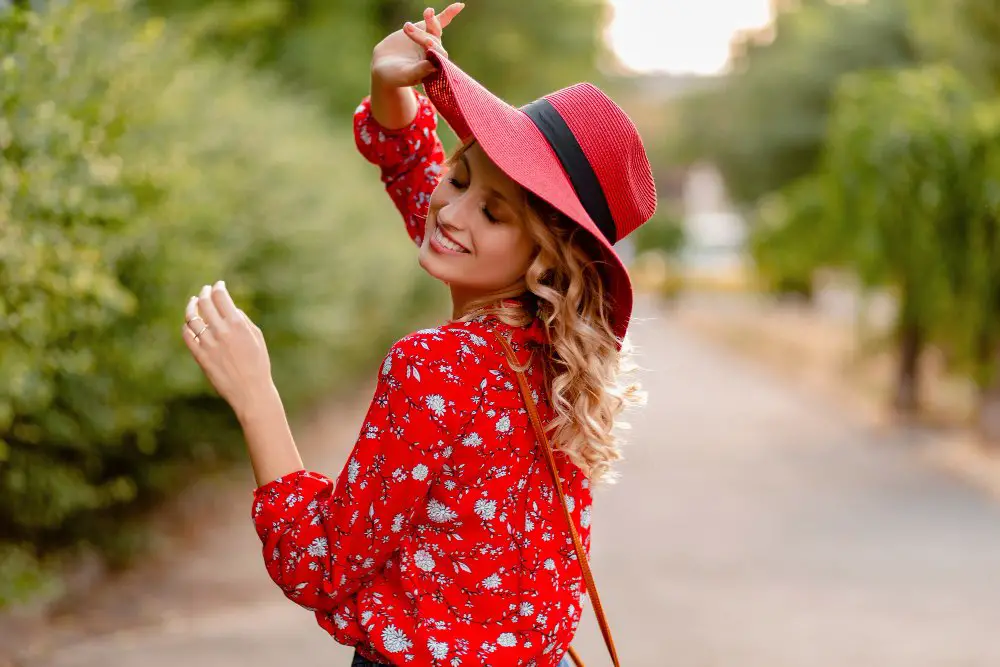 red floral blouse