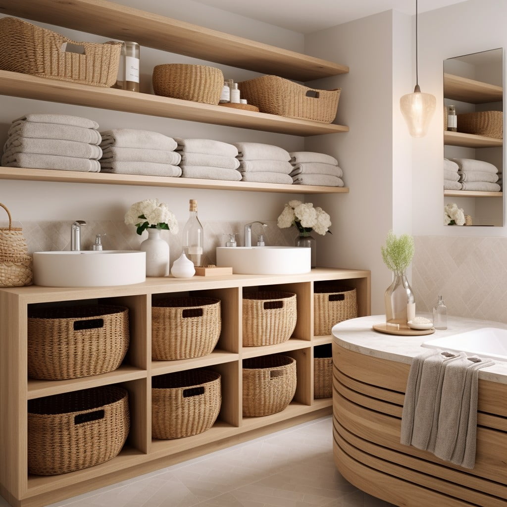 Baskets for Laundry On Shelves in Bathroom