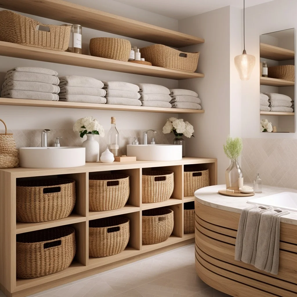 Baskets for Laundry On Shelves in Bathroom