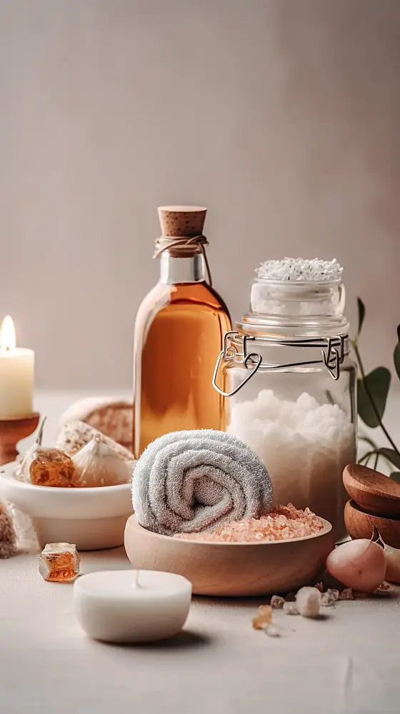 Bath Salts in Clear Bottles Bathroom Counter