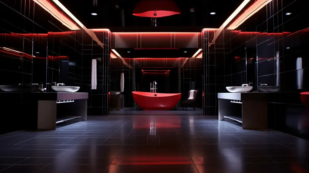 Black Light Fixtures, Red Bulbs Bathroom