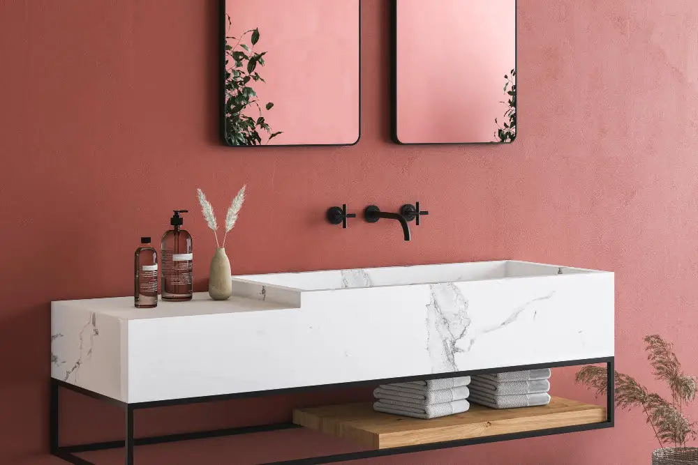 Black Vanity, Red Accents Bathroom