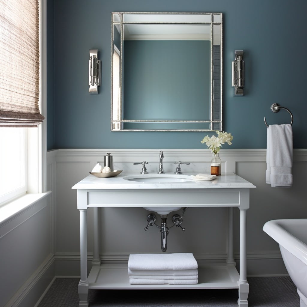 Mirror With Gray Walls Blue and Gray Bathroom