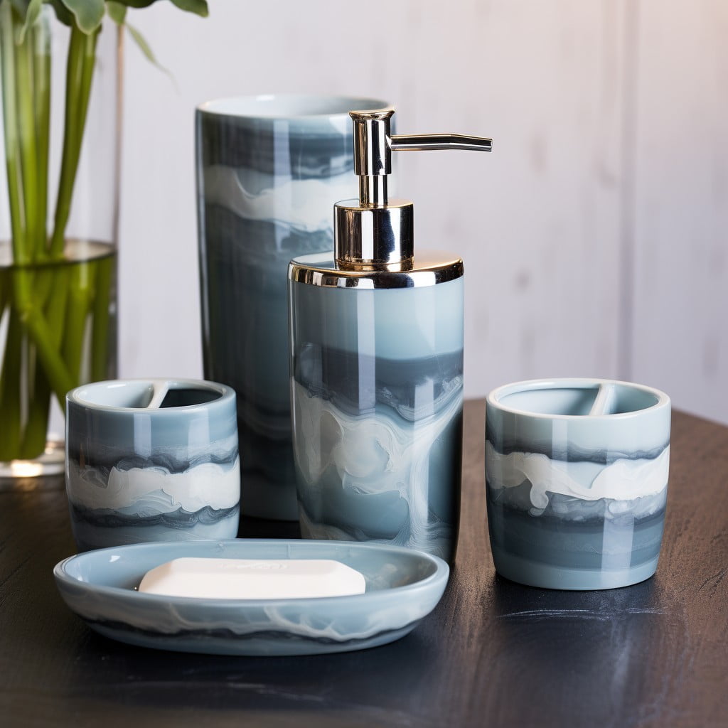 Blue and Gray Soap Dispenser Set Blue and Gray Bathroom