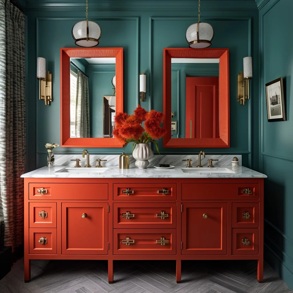 Bold Colored Cabinetry Dual Bathroom Vanity