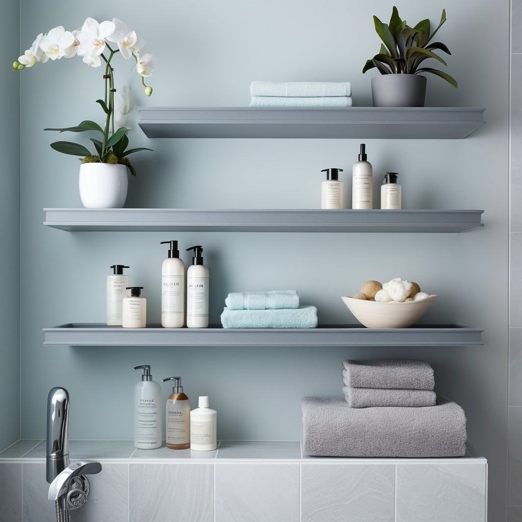 Floating Gray Shelves With Blue Decor for Blue and Gray Bathroom