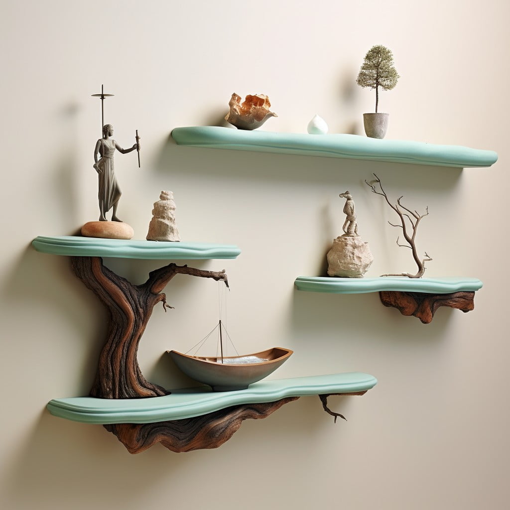 Floating Shelves With Small Sculptures Artwork for Bathroom