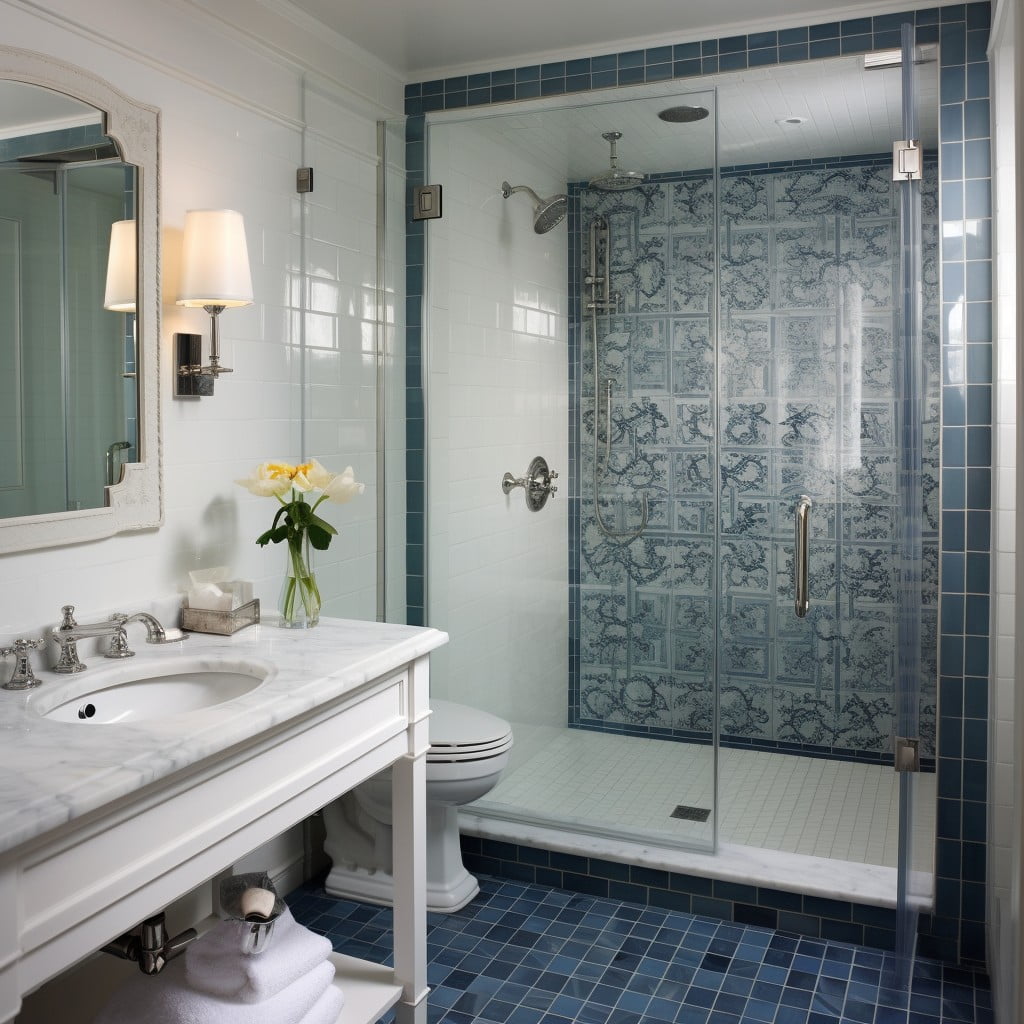 Gray and Blue Patterned Tiles for Bathroom