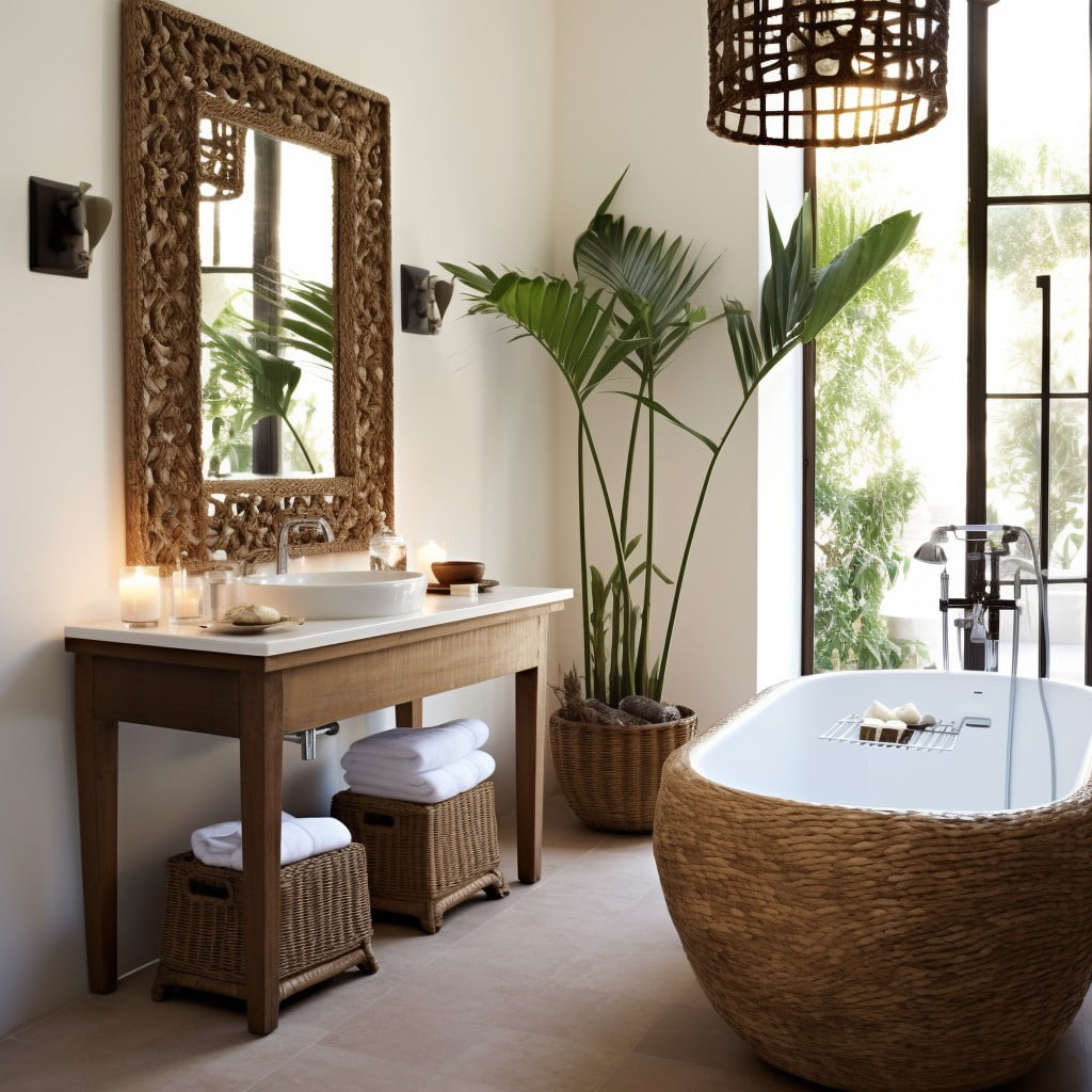 Rattan Mirror Frame Brown Bathroom