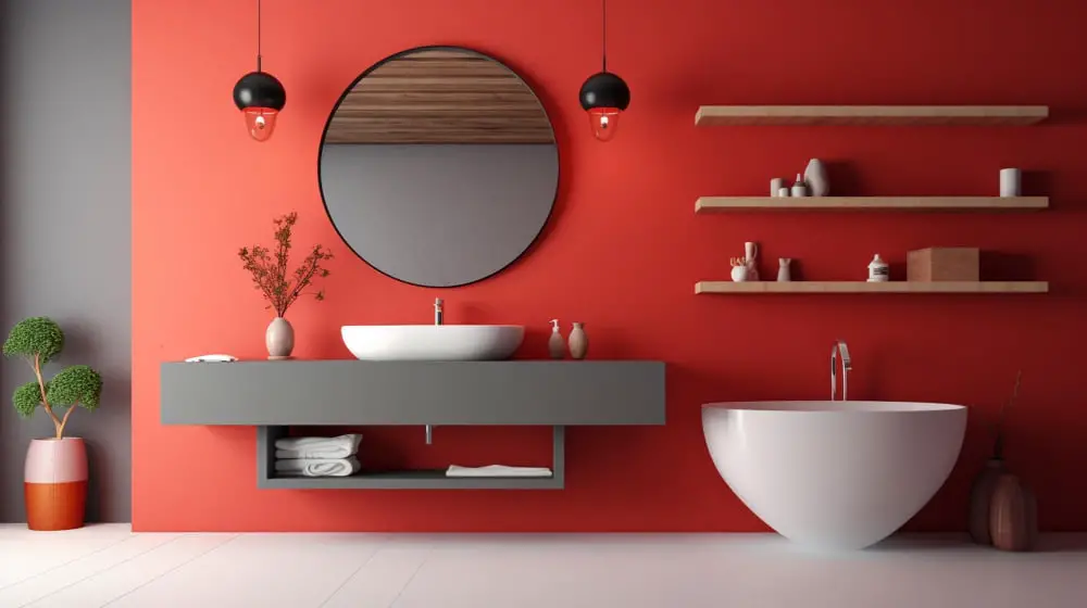 Red Mirror Frame, Black Accents Bathroom