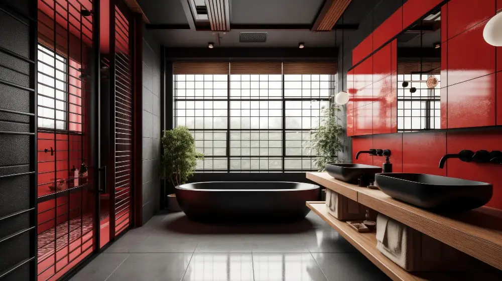 Red Walls, Black Tile Bathroom