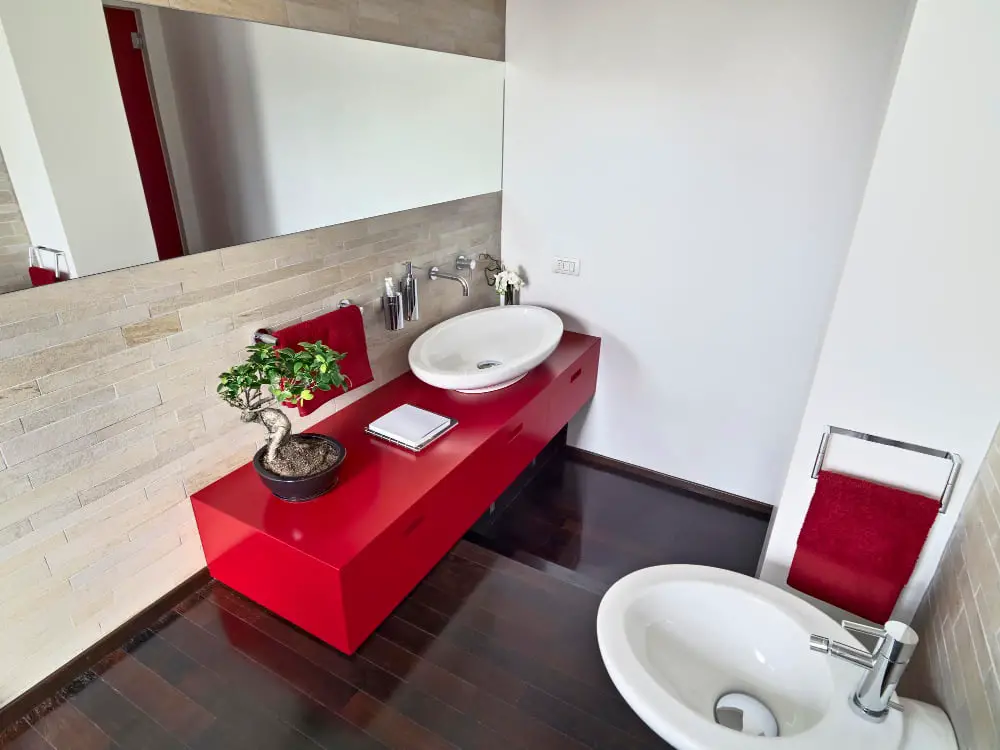 Red and Black Countertop Storage Bathroom