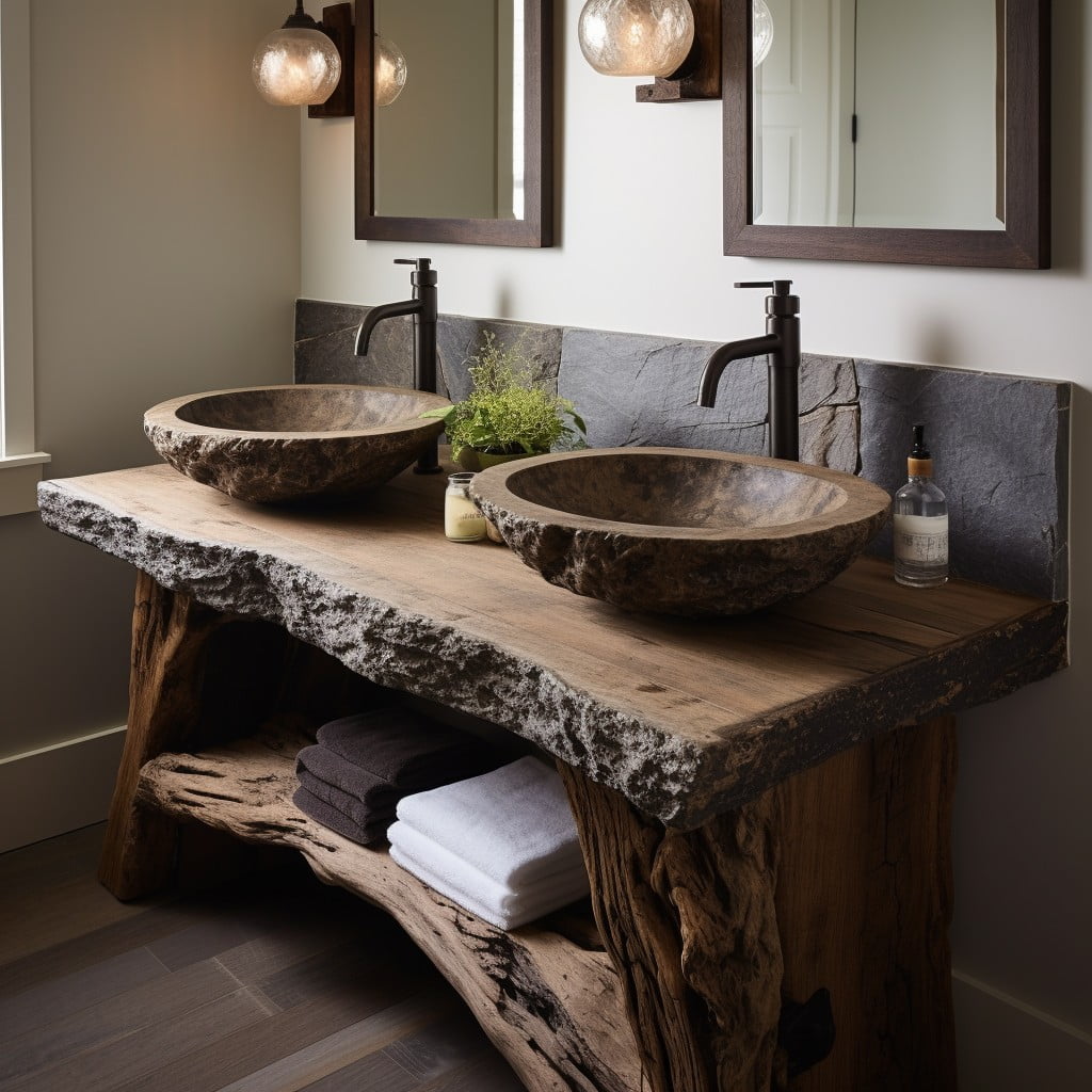 Rustic Wood and Stone Dual Bathroom Vanity