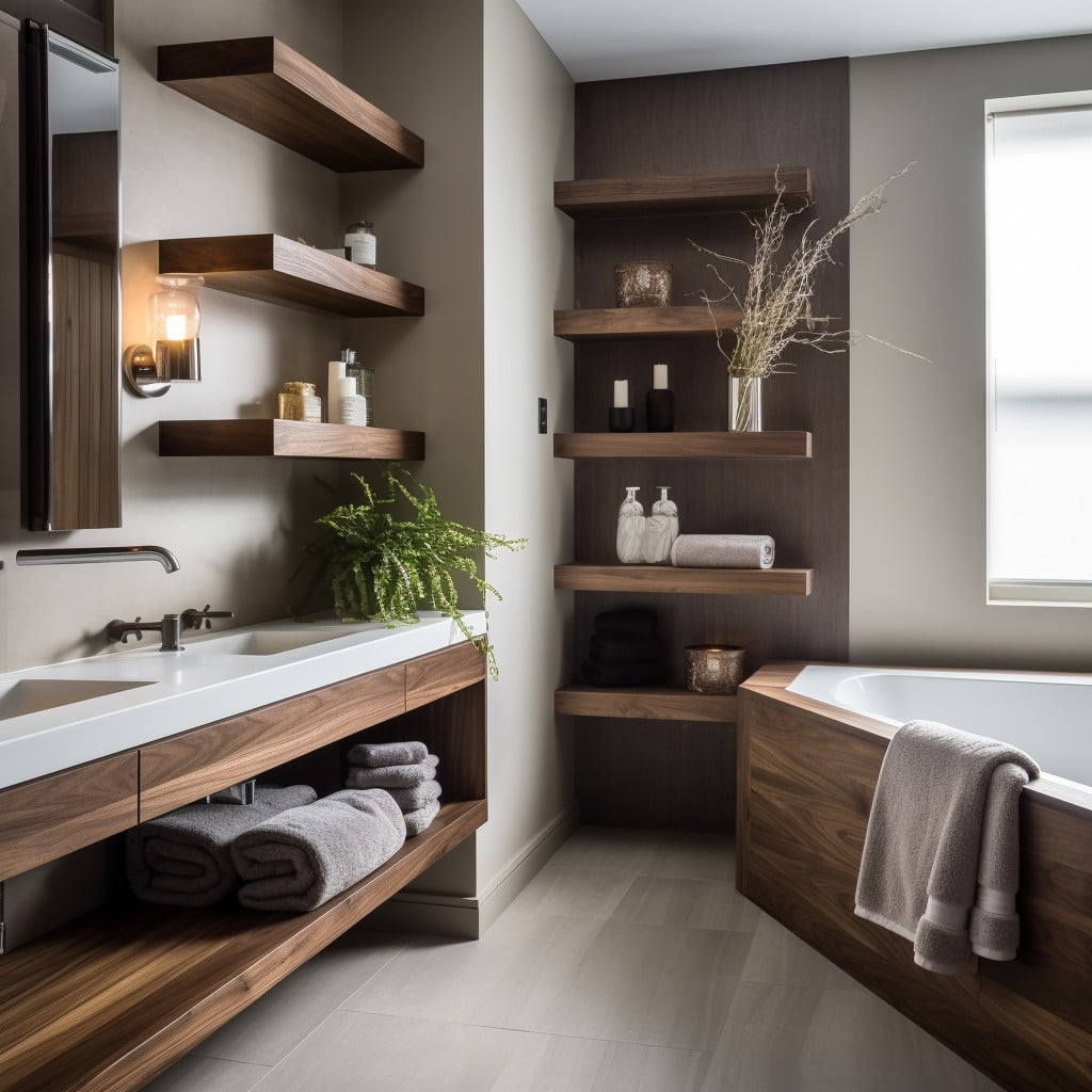 Walnut Shelving Brown Bathroom