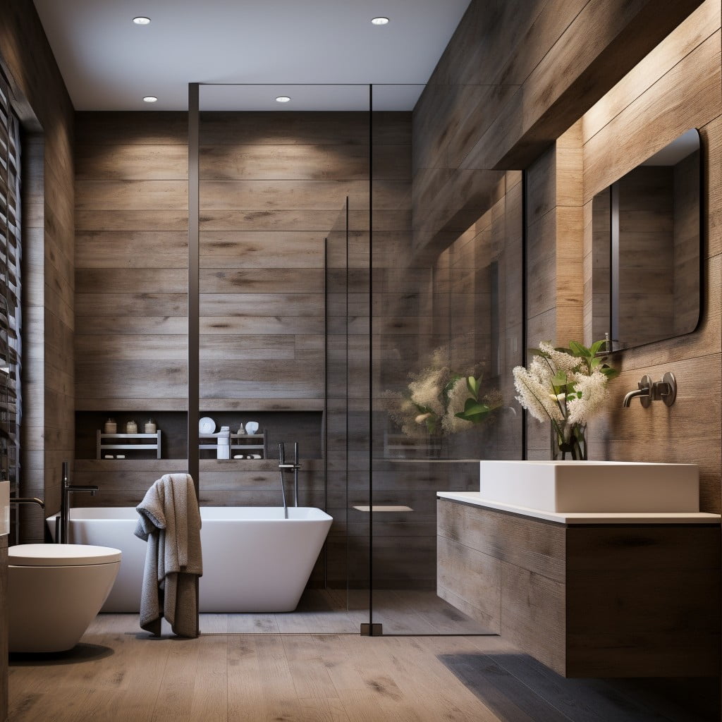 Wooden Accent Walls Brown Bathroom