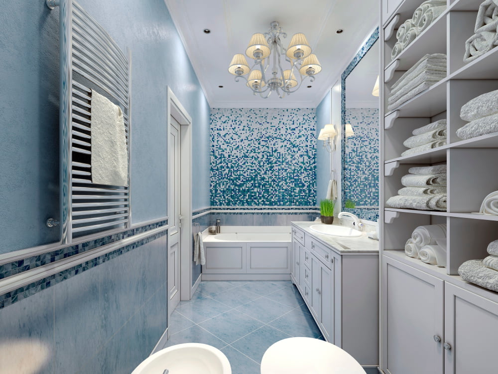 silver and blue bathroom