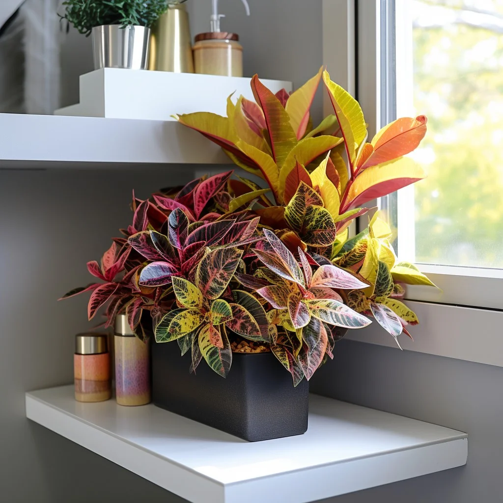 Colorful Crotons in a Corner Shelf Bathroom Planter