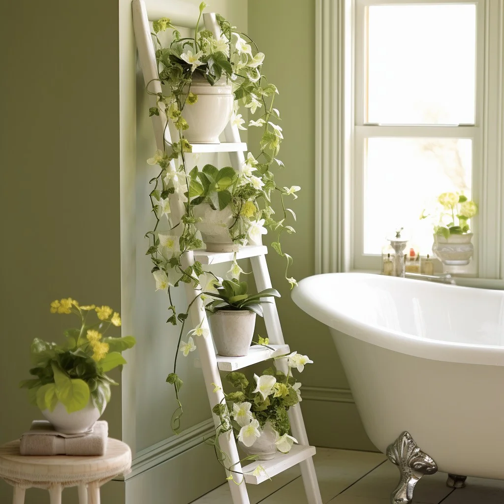 Flowering Plants On a Ladder Shelf Bathroom Planter