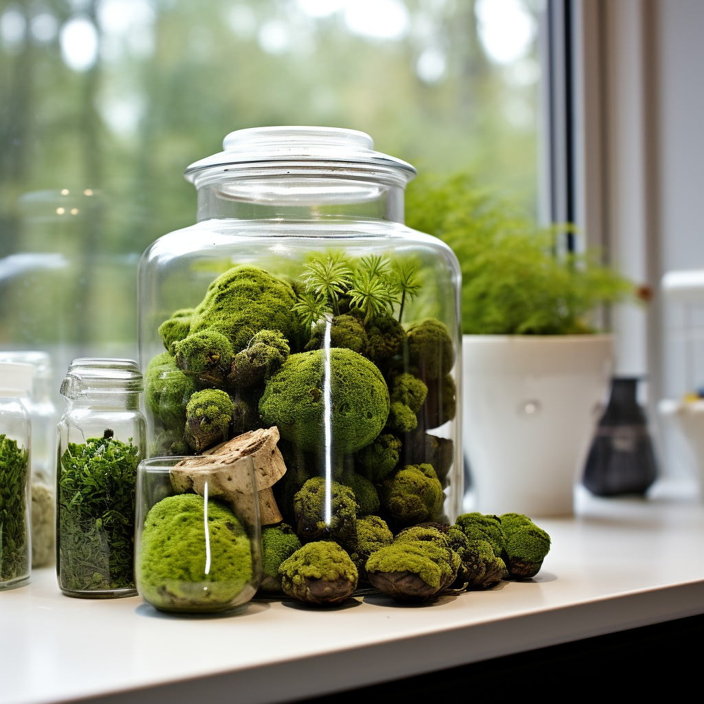 Moss Balls in a Glass Jar On the Countertop Bathroom Planter