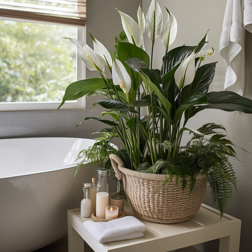 Peace Lilies Near the Bathtub Bathroom Planter