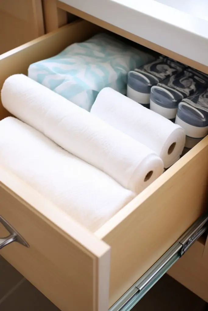 Roll Towels to Save Space Bathroom Drawer --ar 2:3