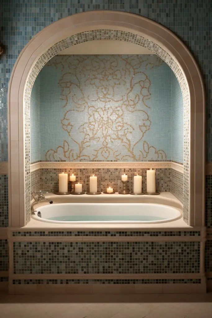 Spa-inspired Mosaic Tile Niche Bathtub Surround Bathroom Niche --ar 2:3