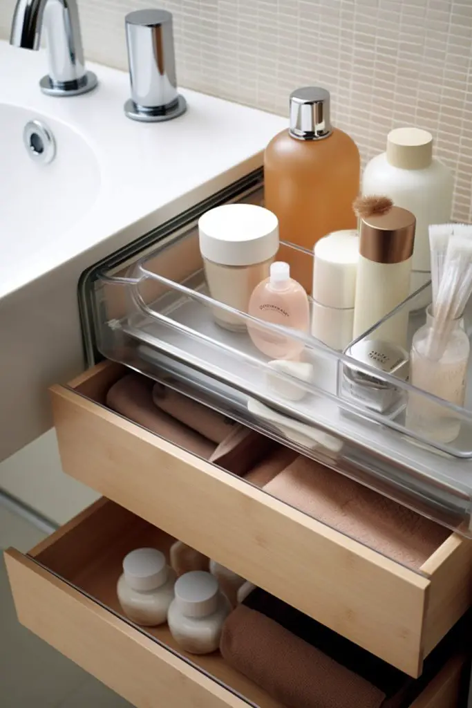 Use Stackable Containers Bathroom Drawer --ar 2:3