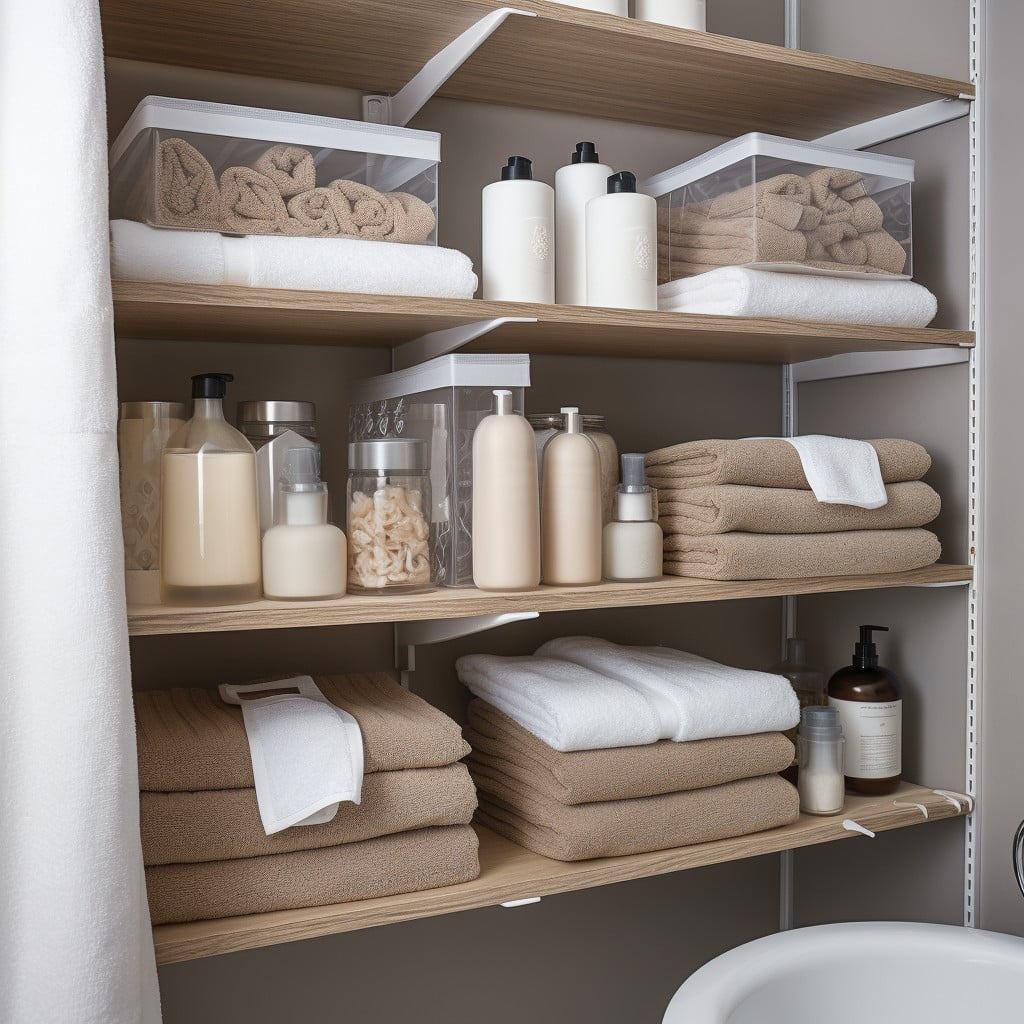 Utilize Shelf Risers to Double the Space Bathroom Closet Organization