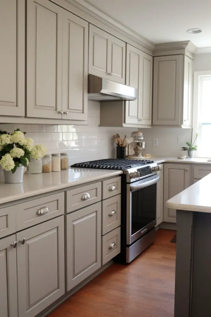 agreeable gray painted vanity cabinetry