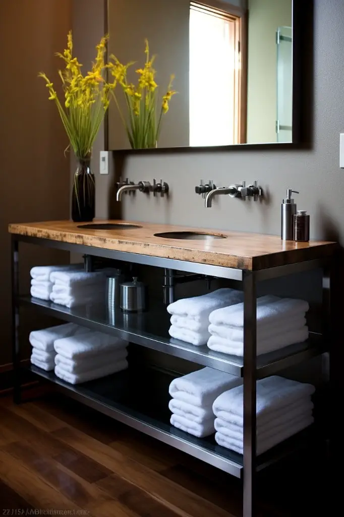 bathroom table with open steel shelves