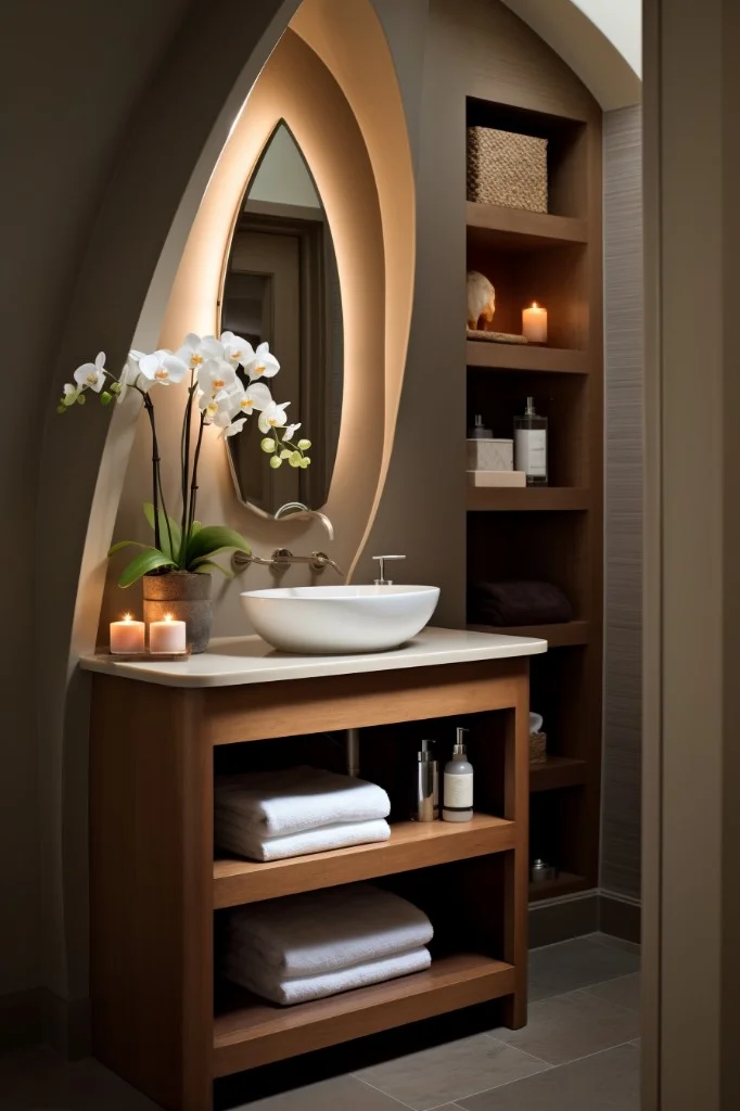 bathroom vanity with small shelves