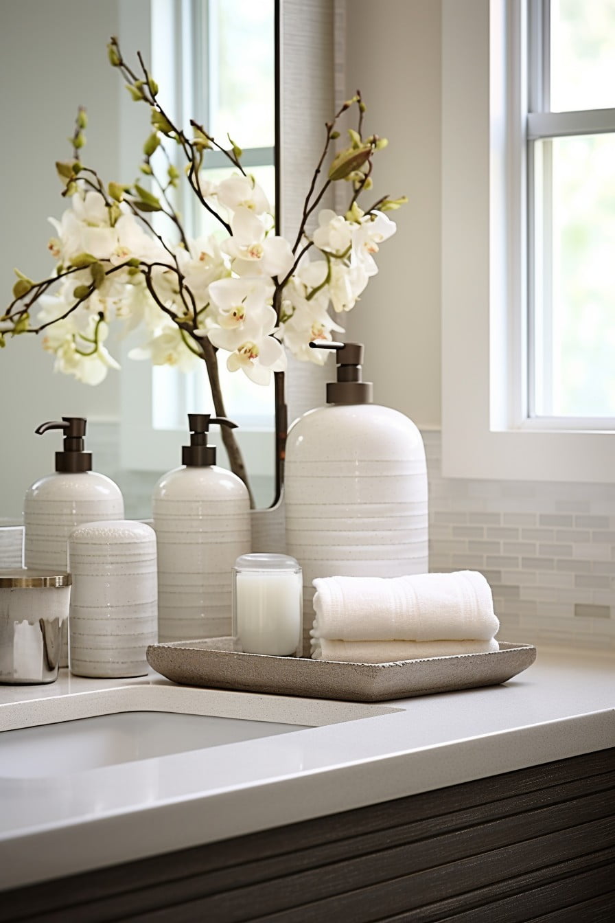 decorative gray soap dispenser and jars