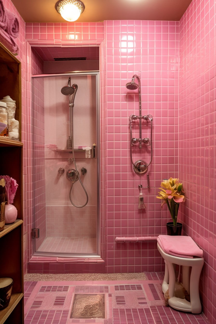 feminine touch with a pink tile shower