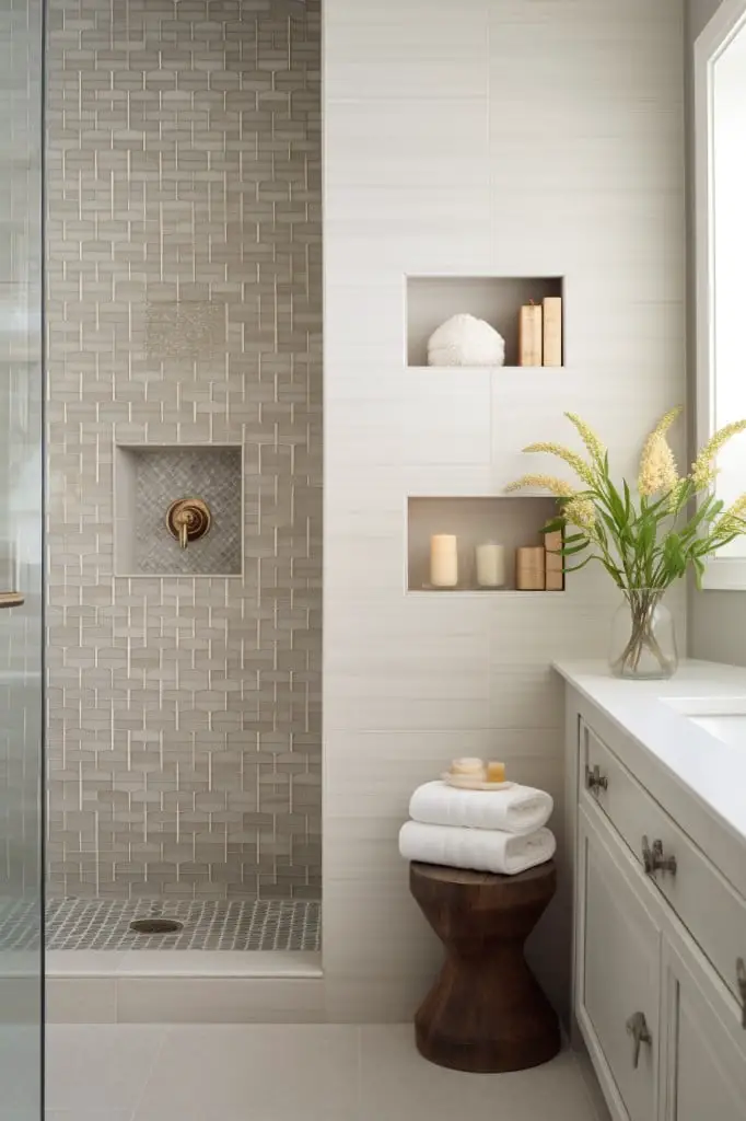 gray mosaic tile in the shower niche