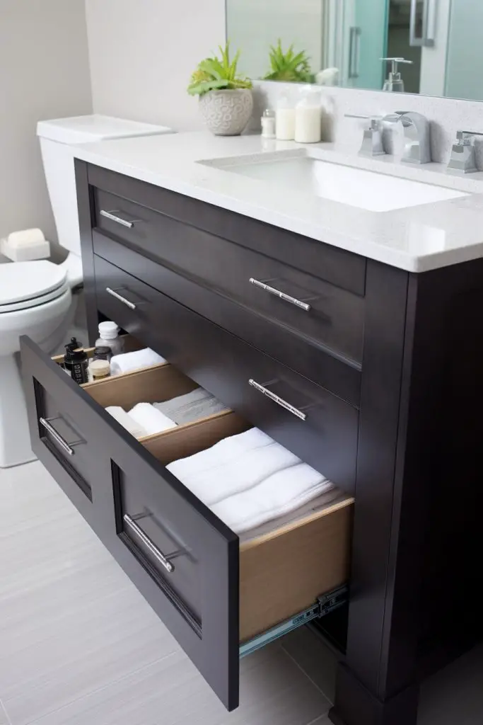 Add Labels to the Storage Bins for Easy Finding Bathroom Vanity --ar 2:3