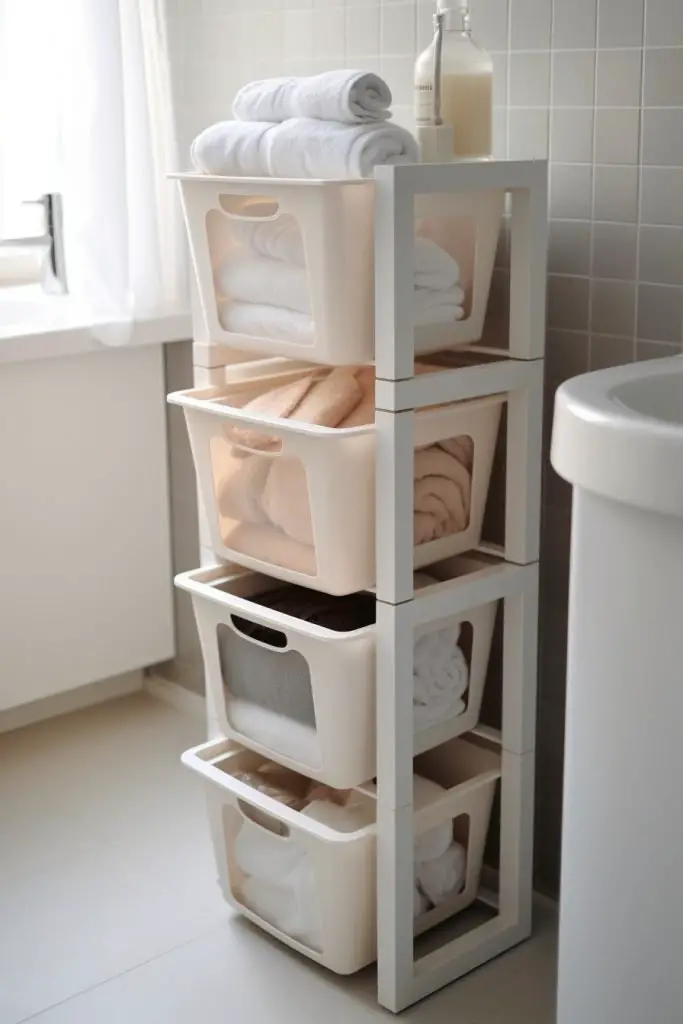 Use Stackable Bins for Laundry Bathroom Vanity --ar 2:3