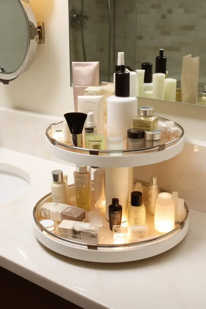 Use a Lazy Susan for Easy Reach Products Bathroom Vanity --ar 2:3