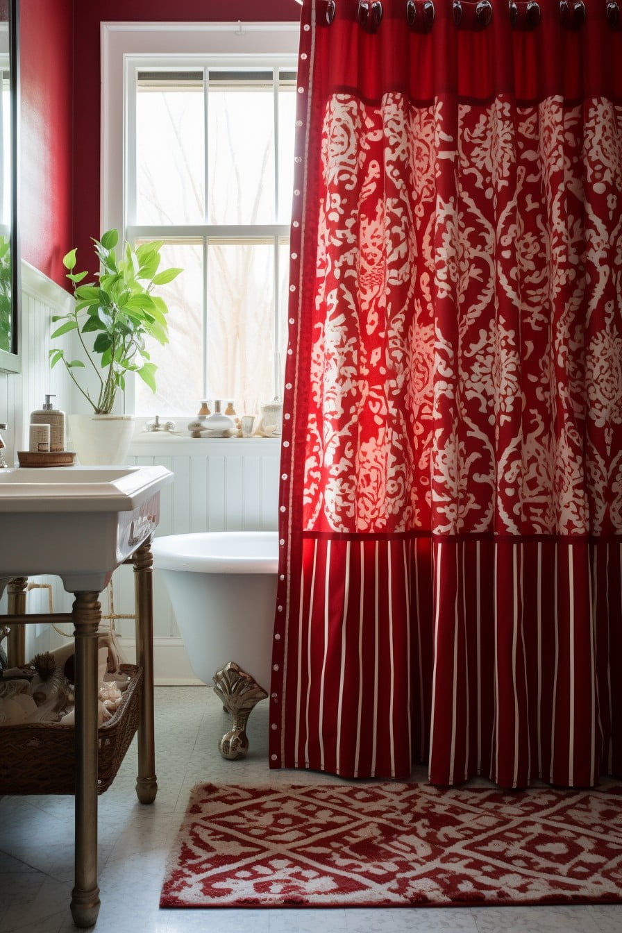 red patterned shower curtain