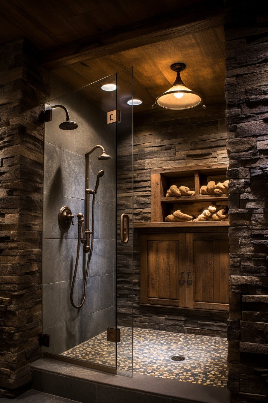 rustic stone shower with wooden accents