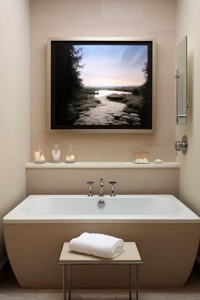 small flat screen tv above the tub