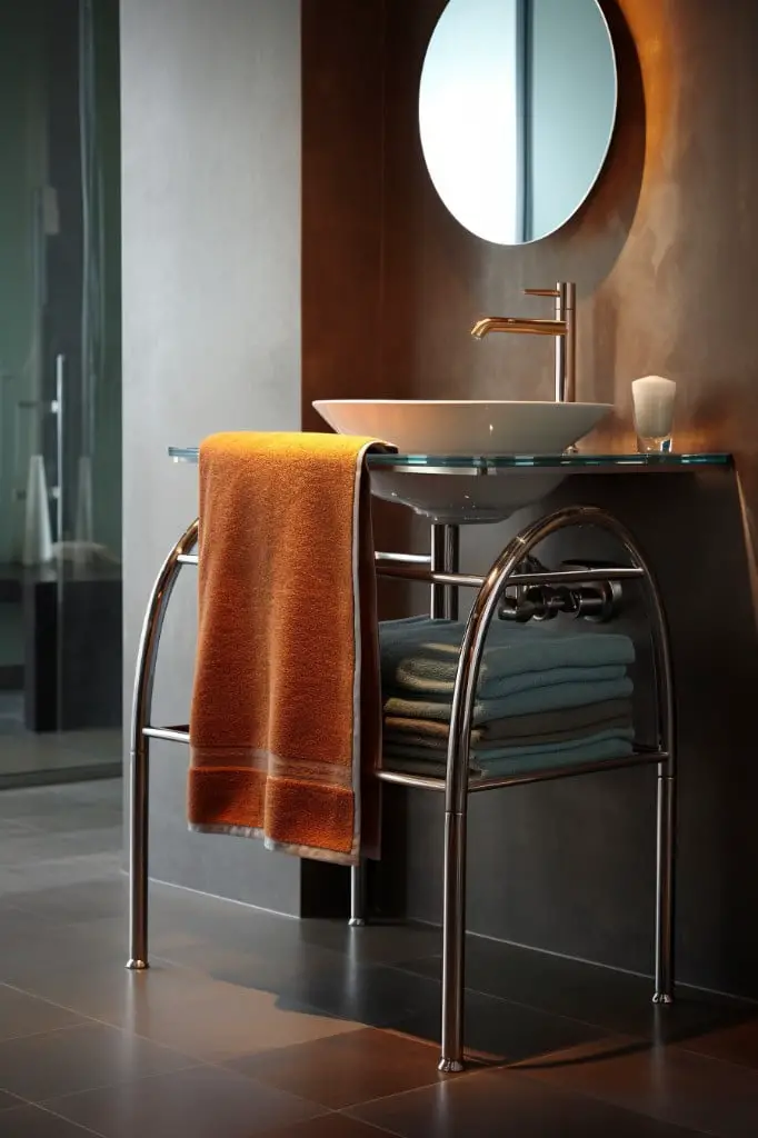 steel bathroom table with towel rack