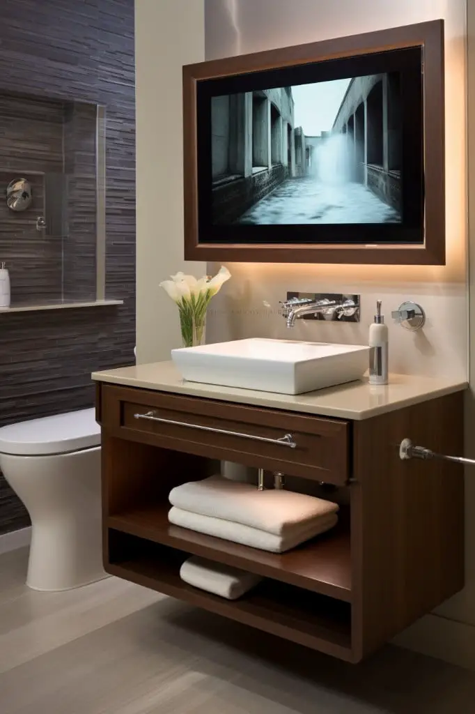 tv incorporated into a bathroom vanity