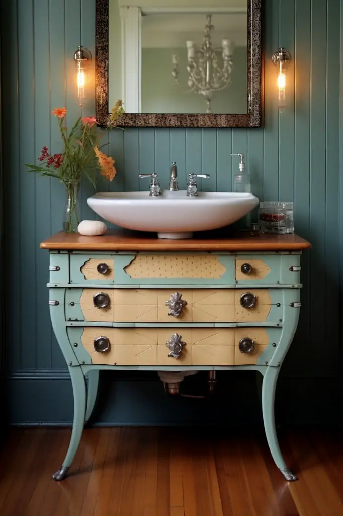 vintage dresser repurposed as a bathroom table