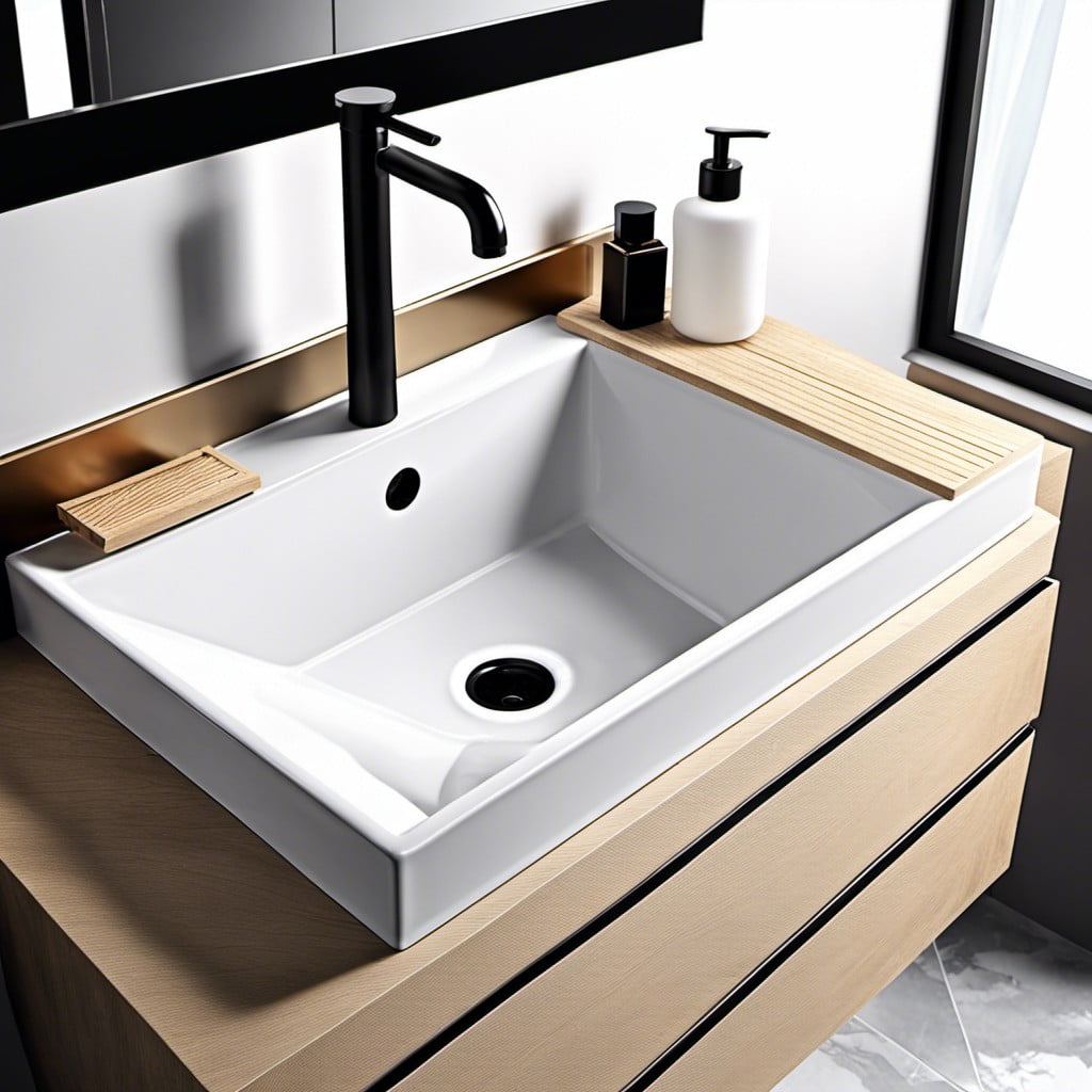 a rectangular sink with storage underneath