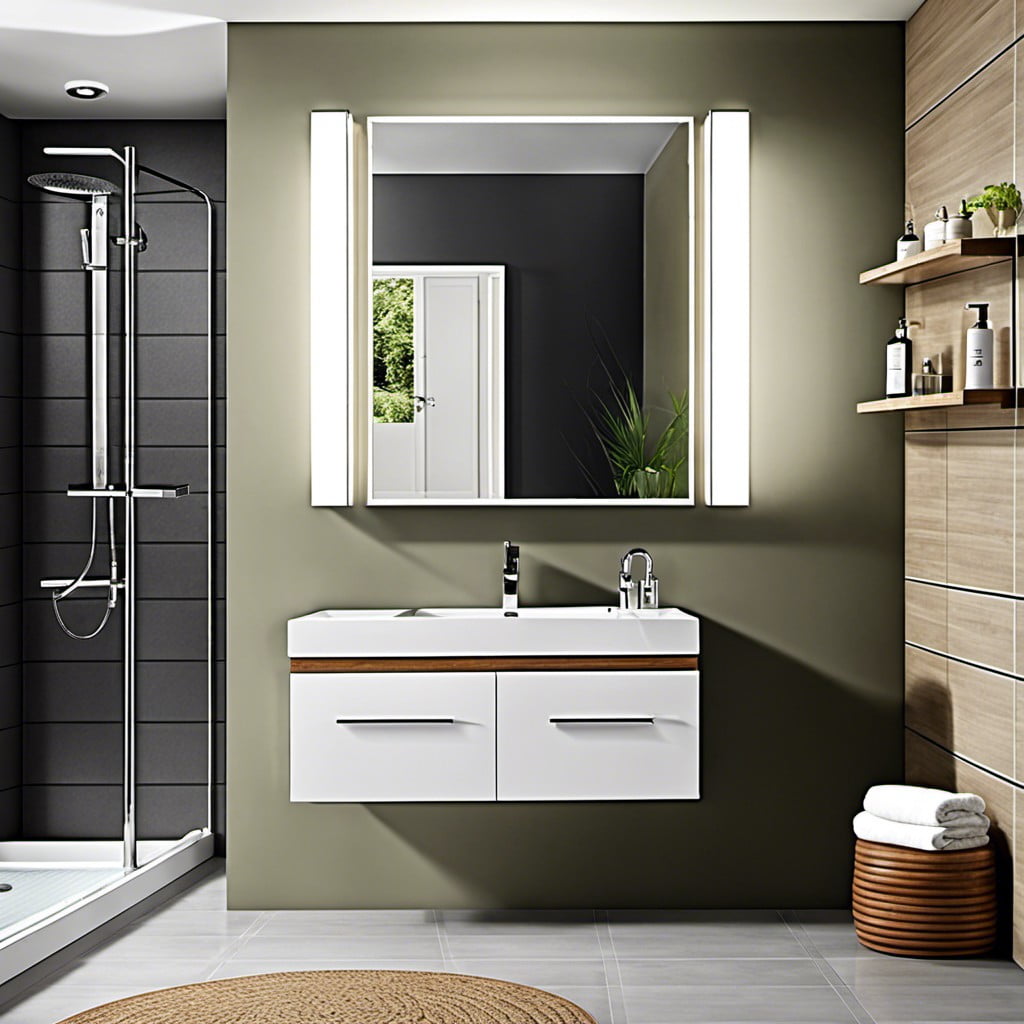 a rectangular vanity unit with matching mirror