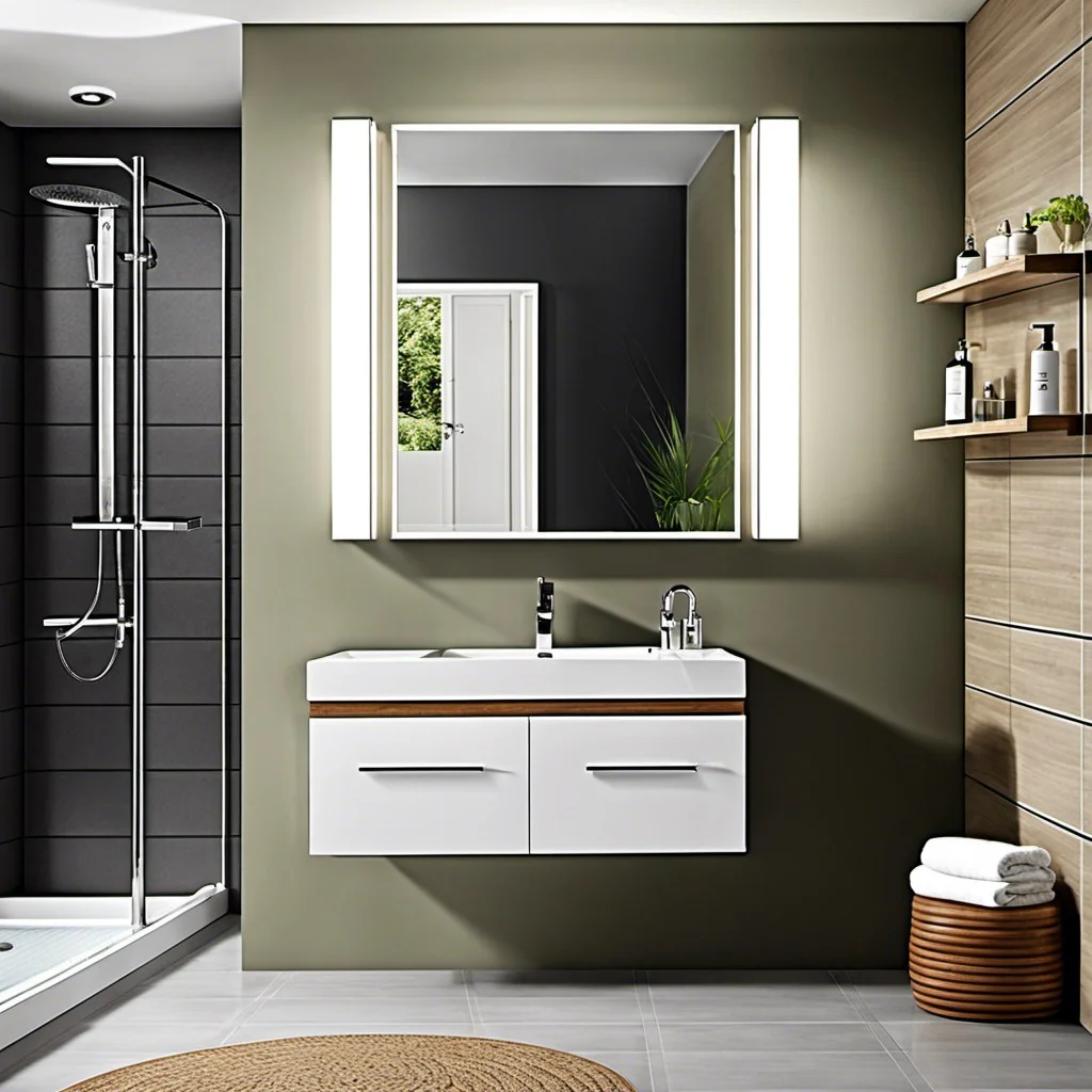 a rectangular vanity unit with matching mirror